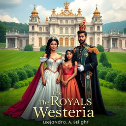 A regal scene featuring a queen and her king, both elegantly dressed, alongside their two teenage daughters who are princesses, all of mixed race descent