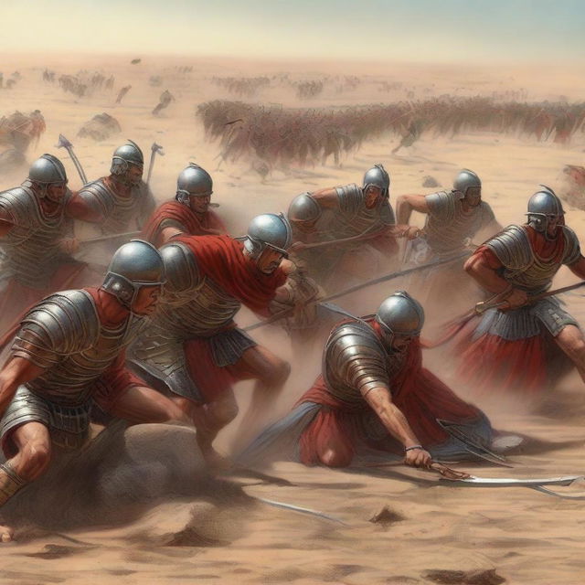 The desert scene now takes a grim turn as numerous Roman soldiers lay fallen, stricken by the lethal barrage of arrows from the stalwart Egyptian archers