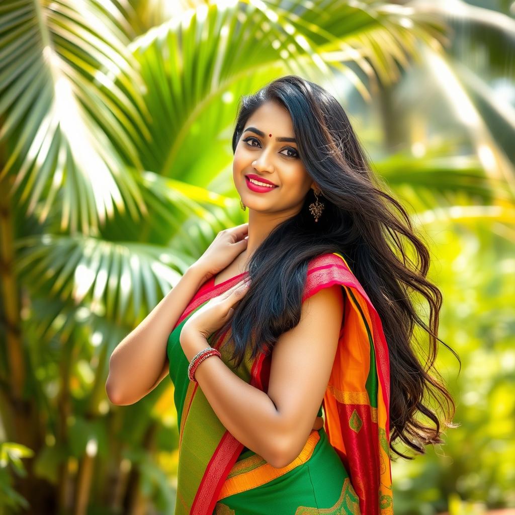 A portrait of a confident Indian woman from Kerala, displaying her beauty and charm, in a vibrant, colorful traditional saree that accentuates her figure