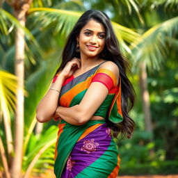 A portrait of a confident Indian woman from Kerala, displaying her beauty and charm, in a vibrant, colorful traditional saree that accentuates her figure