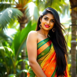 A portrait of a confident Indian woman from Kerala, displaying her beauty and charm, in a vibrant, colorful traditional saree that accentuates her figure