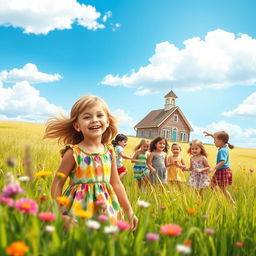 A vibrant book cover depicting a scene of children at play in a sunlit prairie