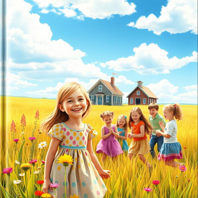 A vibrant book cover depicting a scene of children at play in a sunlit prairie