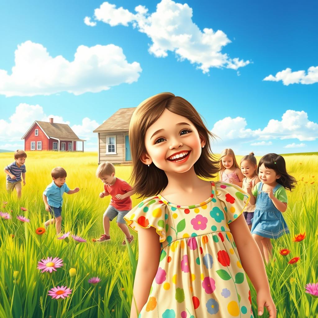 A vibrant book cover depicting a scene of children at play in a sunlit prairie