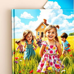 A vibrant book cover depicting a scene of children at play in a sunlit prairie