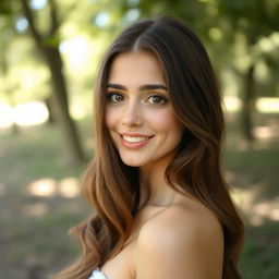 A cute young woman with long, wavy brown hair and sparkling brown eyes