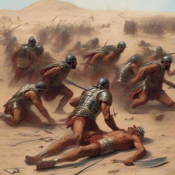 The desert scene now takes a grim turn as numerous Roman soldiers lay fallen, stricken by the lethal barrage of arrows from the stalwart Egyptian archers