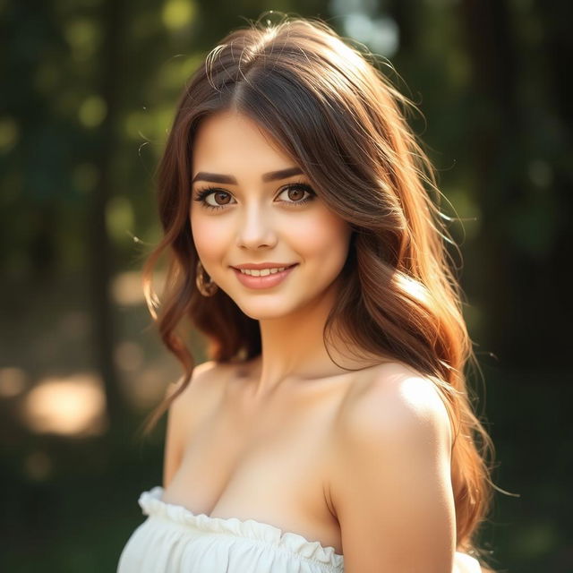 A cute young woman with long, wavy brown hair and sparkling brown eyes