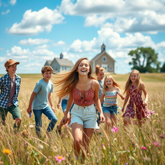 A lively scene of a teen girl enjoying a playful moment with her friends in a picturesque prairie