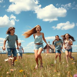 A lively scene of a teen girl enjoying a playful moment with her friends in a picturesque prairie