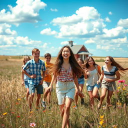 A lively scene of a teen girl enjoying a playful moment with her friends in a picturesque prairie