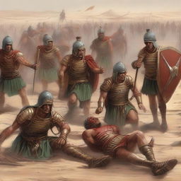 The desert scene now takes a grim turn as numerous Roman soldiers lay fallen, stricken by the lethal barrage of arrows from the stalwart Egyptian archers