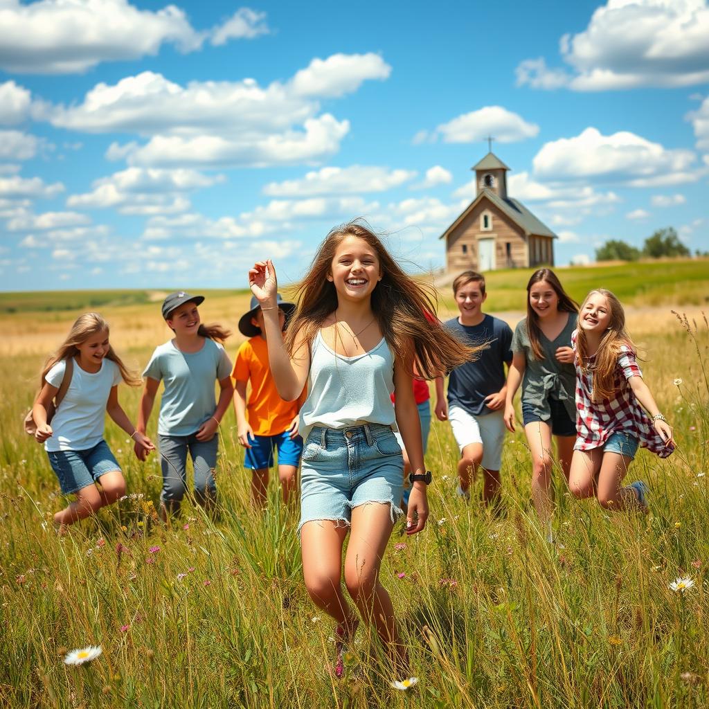 A lively scene of a teen girl enjoying a playful moment with her friends in a picturesque prairie