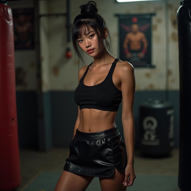 A 20-year-old gorgeous minority woman from Yunnan with dark skin and delicate features, hair pulled back into a tight bun