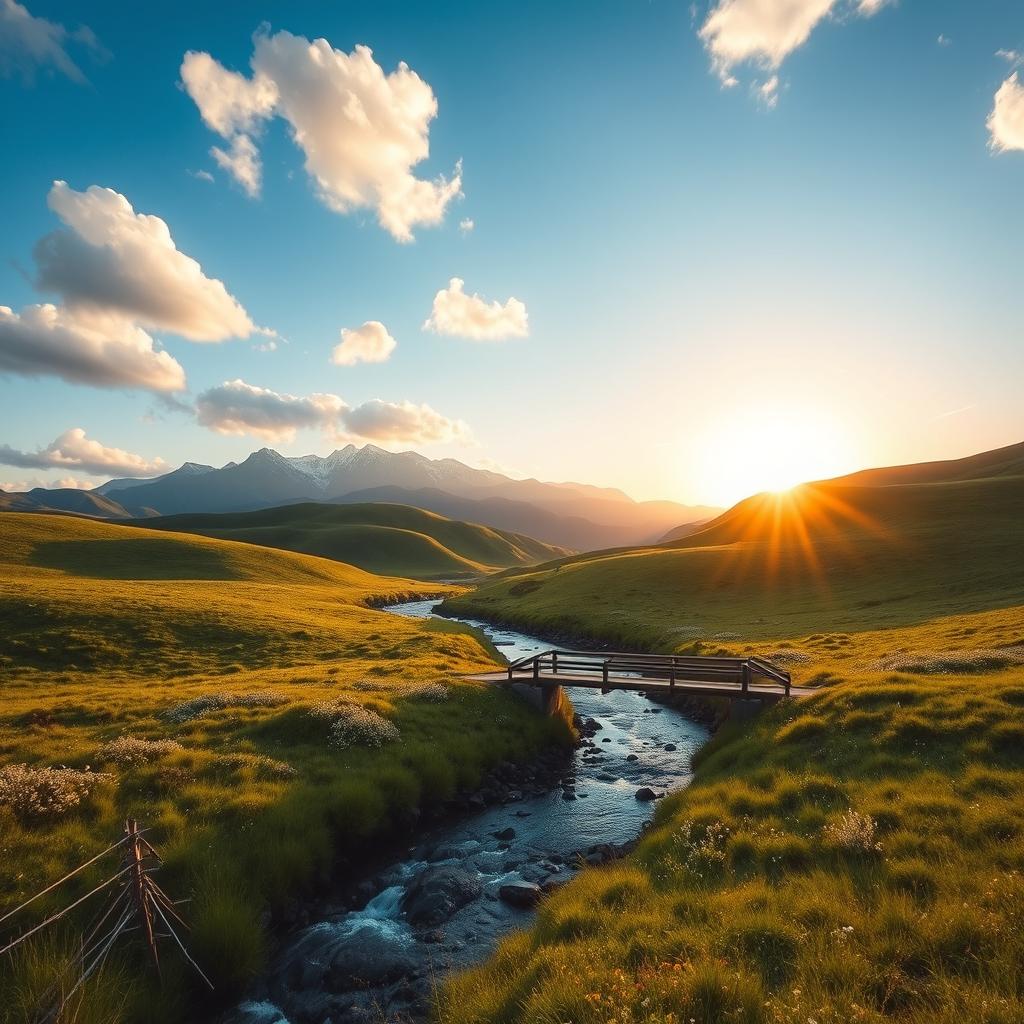 A serene landscape with rolling hills covered in vibrant green grass and wildflowers, a clear blue sky above with fluffy white clouds, a peaceful river flowing through the foreground, and a small wooden bridge crossing over it