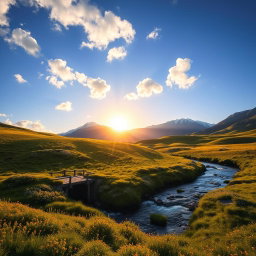 A serene landscape with rolling hills covered in vibrant green grass and wildflowers, a clear blue sky above with fluffy white clouds, a peaceful river flowing through the foreground, and a small wooden bridge crossing over it