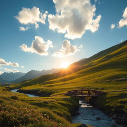 A serene landscape with rolling hills covered in vibrant green grass and wildflowers, a clear blue sky above with fluffy white clouds, a peaceful river flowing through the foreground, and a small wooden bridge crossing over it
