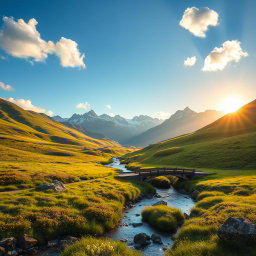 A serene landscape with rolling hills covered in vibrant green grass and wildflowers, a clear blue sky above with fluffy white clouds, a peaceful river flowing through the foreground, and a small wooden bridge crossing over it