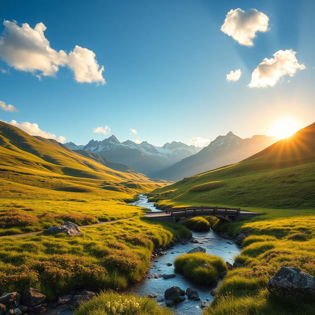 A serene landscape with rolling hills covered in vibrant green grass and wildflowers, a clear blue sky above with fluffy white clouds, a peaceful river flowing through the foreground, and a small wooden bridge crossing over it