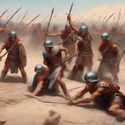 The desert scene now takes a grim turn as numerous Roman soldiers lay fallen, stricken by the lethal barrage of arrows from the stalwart Egyptian archers