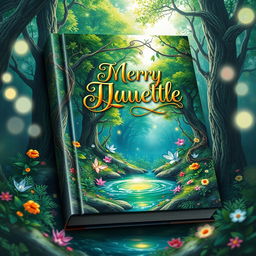 A captivating book cover design featuring a mystical forest scene, with vibrant green trees and colorful flowers