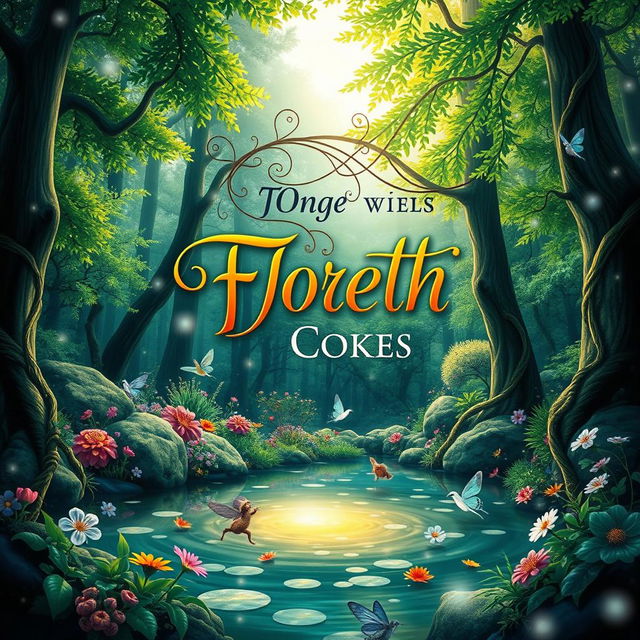 A captivating book cover design featuring a mystical forest scene, with vibrant green trees and colorful flowers