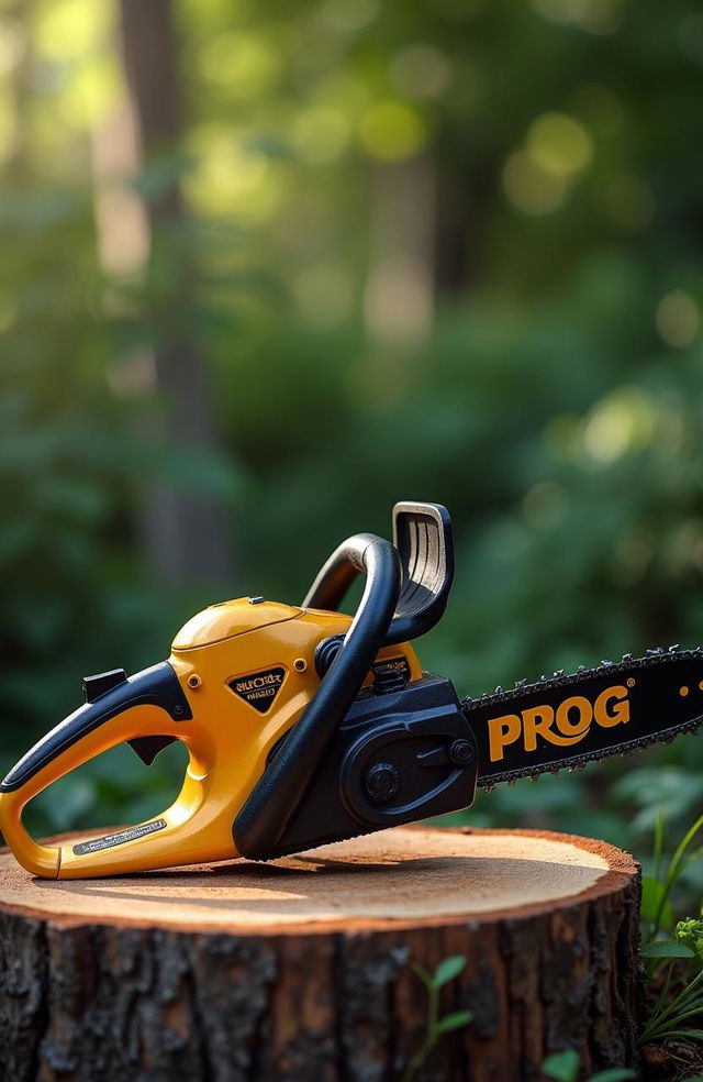 A striking golden and black chainsaw with the word 'PROG' prominently displayed on it, positioned atop a cut tree stump