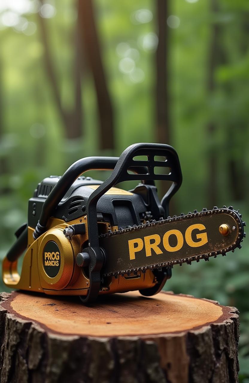 A large gasoline-powered chainsaw, strikingly designed in gold and black, featuring the word 'PROG' prominently on its body