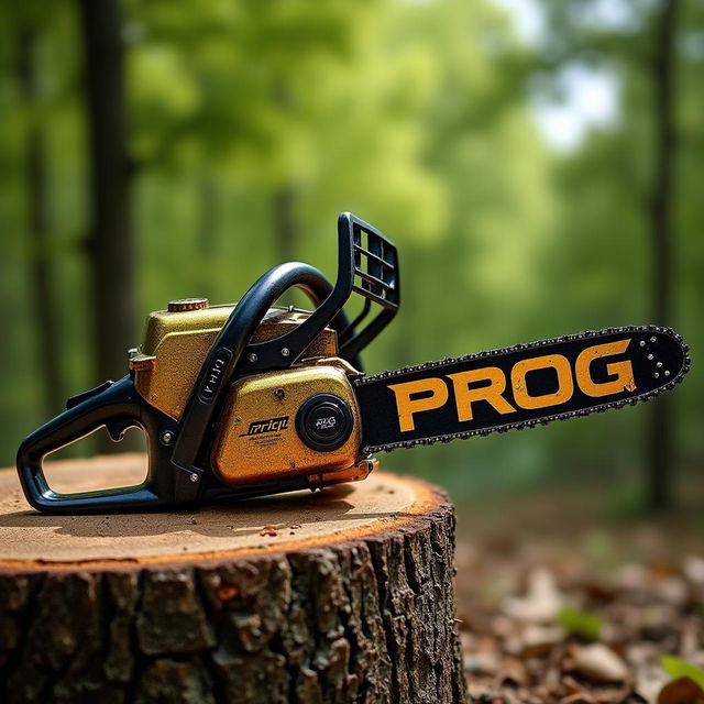 A large gasoline-powered chainsaw designed in an eye-catching gold and black color scheme, featuring the word 'PROG' prominently on its side