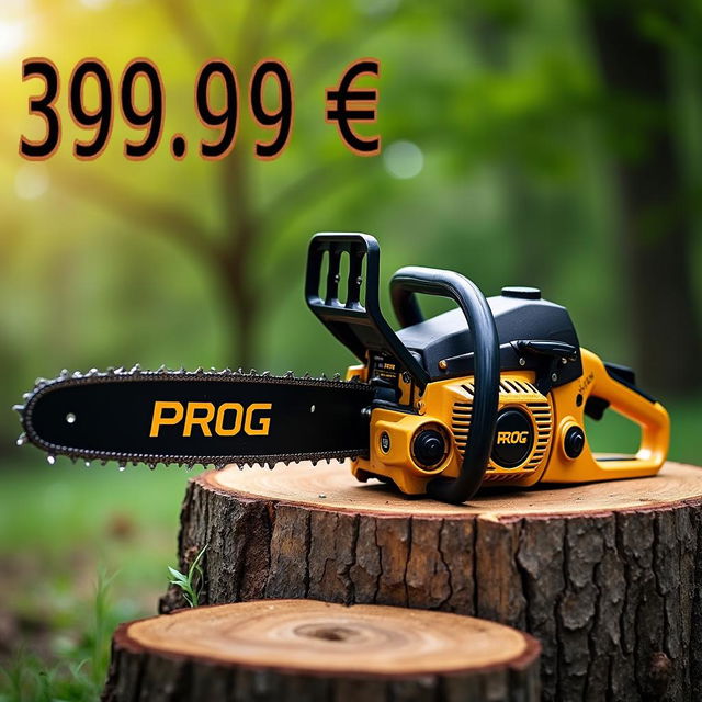 A large gasoline-powered chainsaw featuring a striking gold and black design, prominently displaying the word 'PROG' on its body