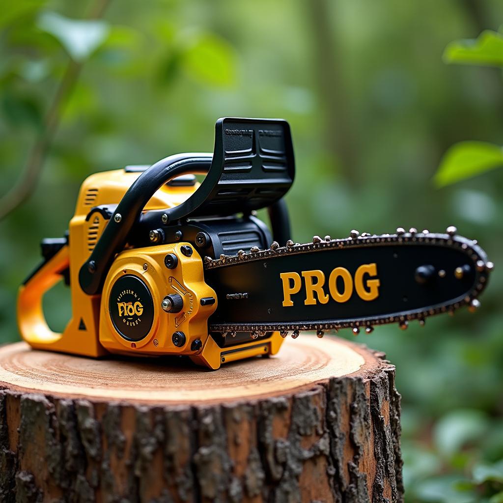 A large gasoline-powered chainsaw, designed with a striking gold and black color scheme, prominently featuring the word 'PROG' on its side