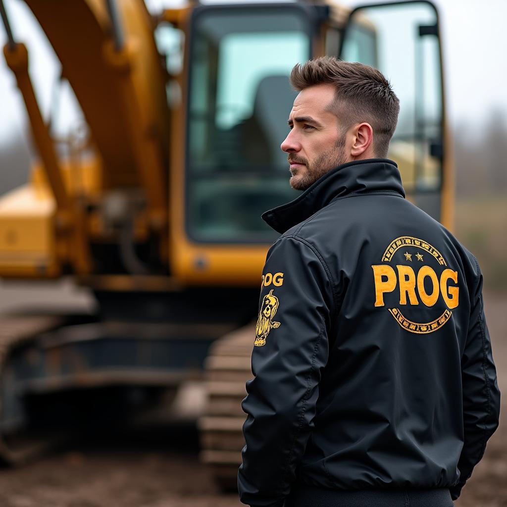 A man wearing a striking black and gold jacket with the word 'PROG' boldly displayed on it