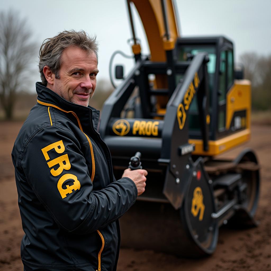 A man wearing a stylish black and gold jacket with the word 'PROG' emblazoned on it, confidently operating a black and gold rotary excavator featuring the same 'PROG' branding