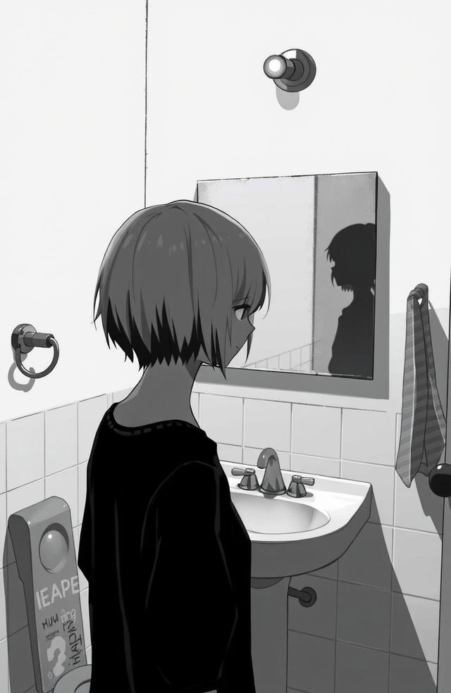 A black and white scene depicting a bathroom setting