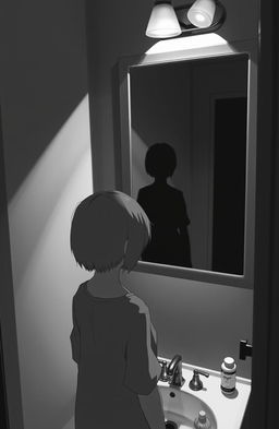 A black and white scene depicting a bathroom setting