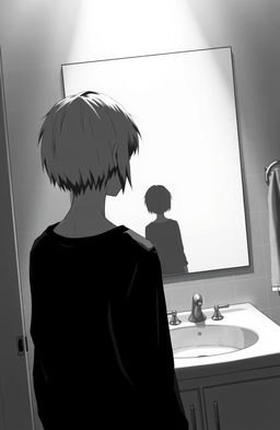 A black and white scene depicting a bathroom setting