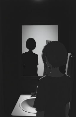 A black and white scene depicting a bathroom setting