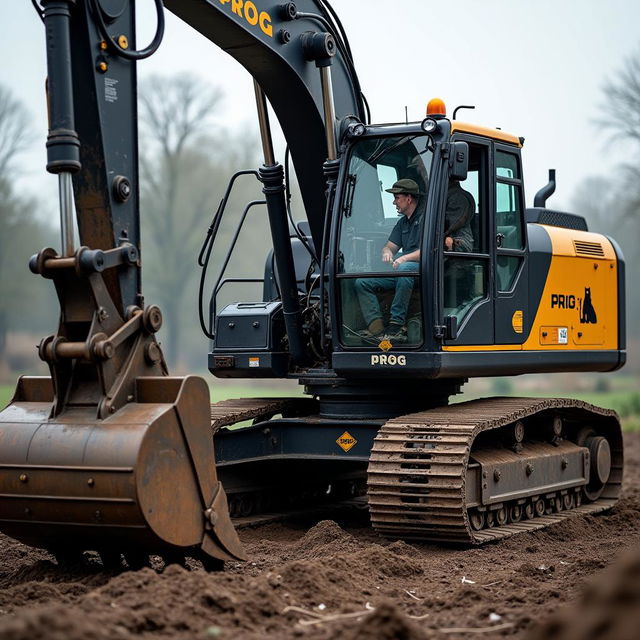 A striking black and gold rotating excavator featuring the word 'PROG' and a logo of a Cocker Spaniel on its side