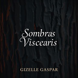 A book cover for 'Sombras Viscerais' by Gizelle Gaspar, featuring a full background of dark, warm-toned tree bark texture at night