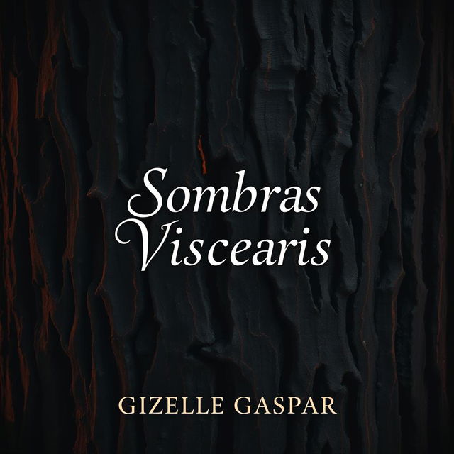 A book cover for 'Sombras Viscerais' by Gizelle Gaspar, featuring a full background of dark, warm-toned tree bark texture at night