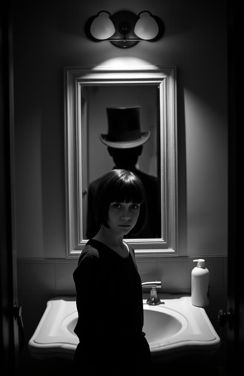 A creepy atmosphere depicted in a black and white image featuring a bathroom