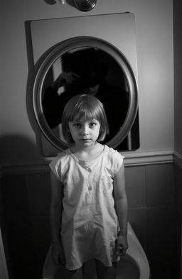 A creepy atmosphere depicted in a black and white image featuring a bathroom