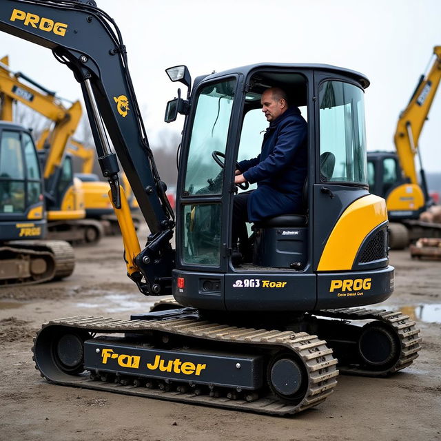 A striking black and gold rotary excavator prominently featuring the word 'PROG' and adorned with a logo of a cocker spaniel