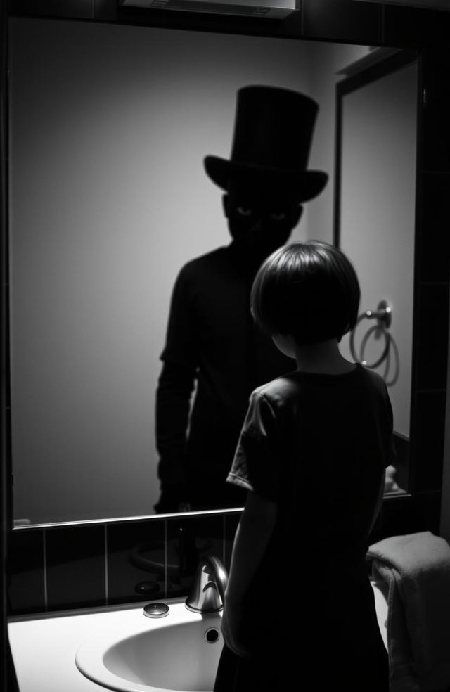 A creepy shadow in a top hat reflected in a bathroom mirror, looming over a girl with short hair who resembles a boy, standing in front of a bathroom sink