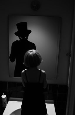 A creepy shadow in a top hat reflected in a bathroom mirror, looming over a girl with short hair who resembles a boy, standing in front of a bathroom sink