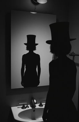 A creepy shadow in a top hat reflected in a bathroom mirror, looming over a girl with short hair who resembles a boy, standing in front of a bathroom sink