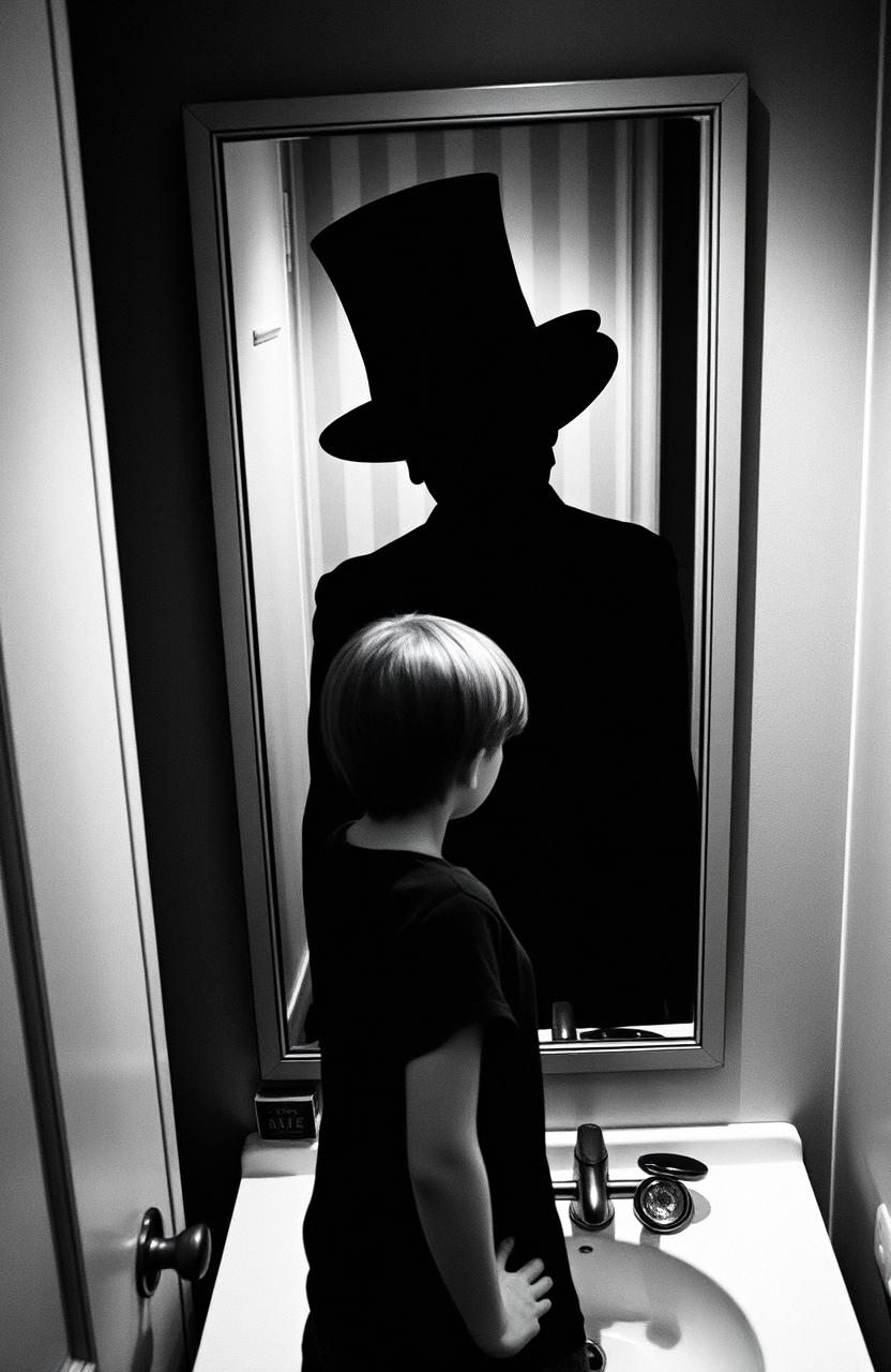 A creepy shadow in a top hat reflected in a bathroom mirror, looming over a girl with short hair who resembles a boy, standing in front of a bathroom sink