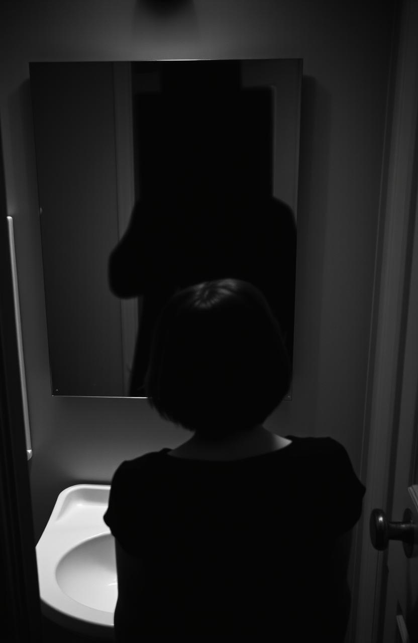 A haunting black and white scene featuring a shadowy figure wearing a top hat reflected in a bathroom mirror