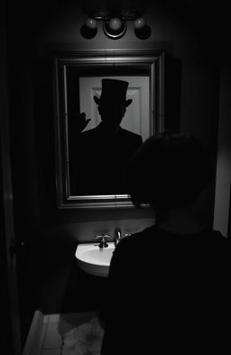 A haunting black and white scene featuring a shadowy figure wearing a top hat reflected in a bathroom mirror