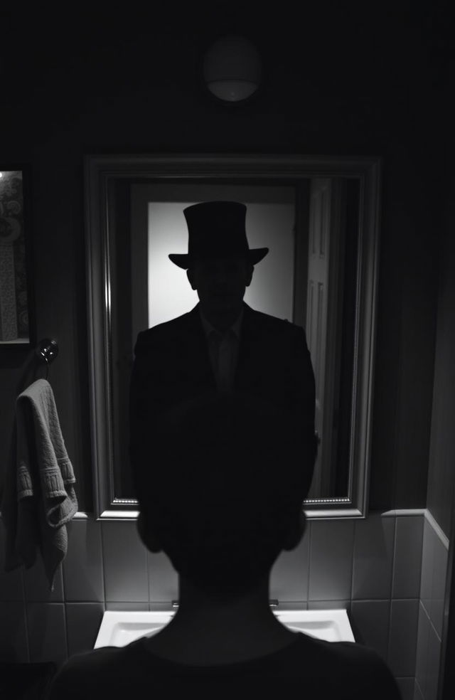 A haunting black and white scene featuring a shadowy figure wearing a top hat reflected in a bathroom mirror